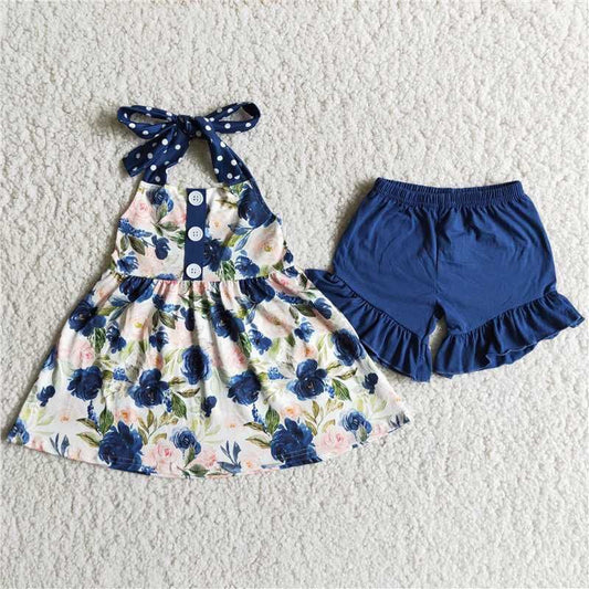 Halter flowers top blue ruffle shorts girls summer outfits D7-19