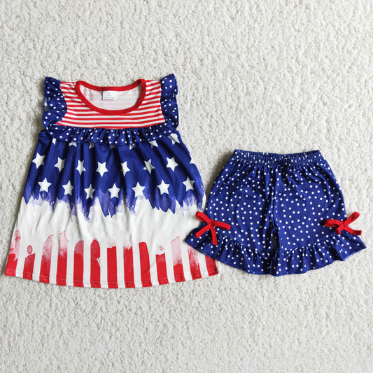 (Promotion)D8-19 Stars Stripes Tunic Top Dots Shorts Girls 4th of July Clothes Set