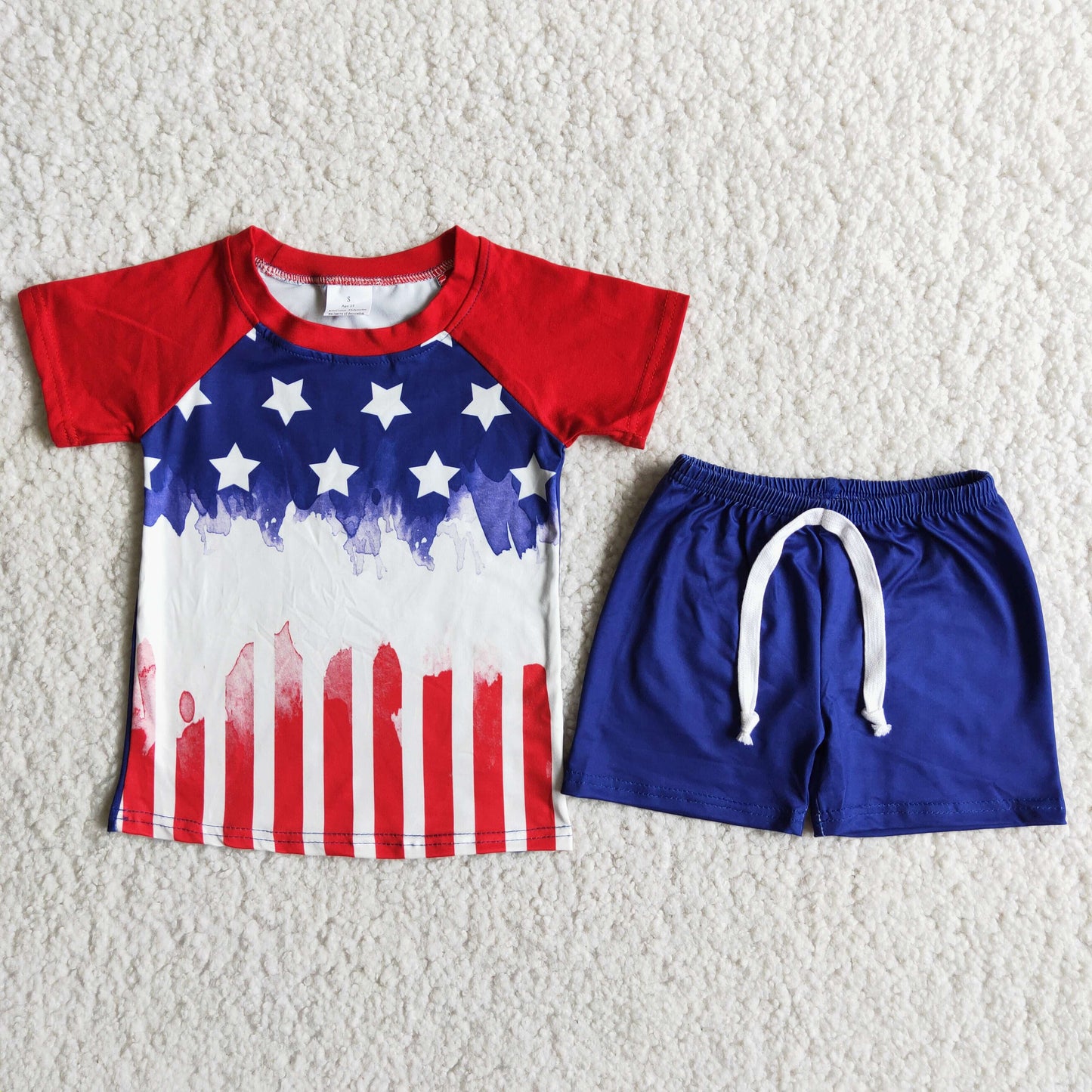 (Promotion)D9-14 Stars Stripes Top Blue Shorts Boys 4th of July Clothes Set