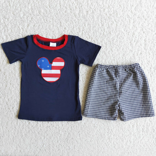 (Promotion)D9-16  Cartoon Mouse Navy Top Plaid Shorts Boys 4th of July Clothes Set