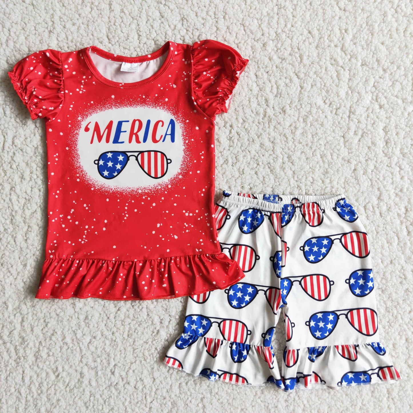 (Promotion)D9-17  MERICA Sunglasses Red Top White Shorts Girls 4th of July Clothes Set