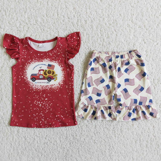(Promotion)D9-19  Truck Sunflowers Red Top Flag Ruffle Shorts Girls 4th of July Clothes Set