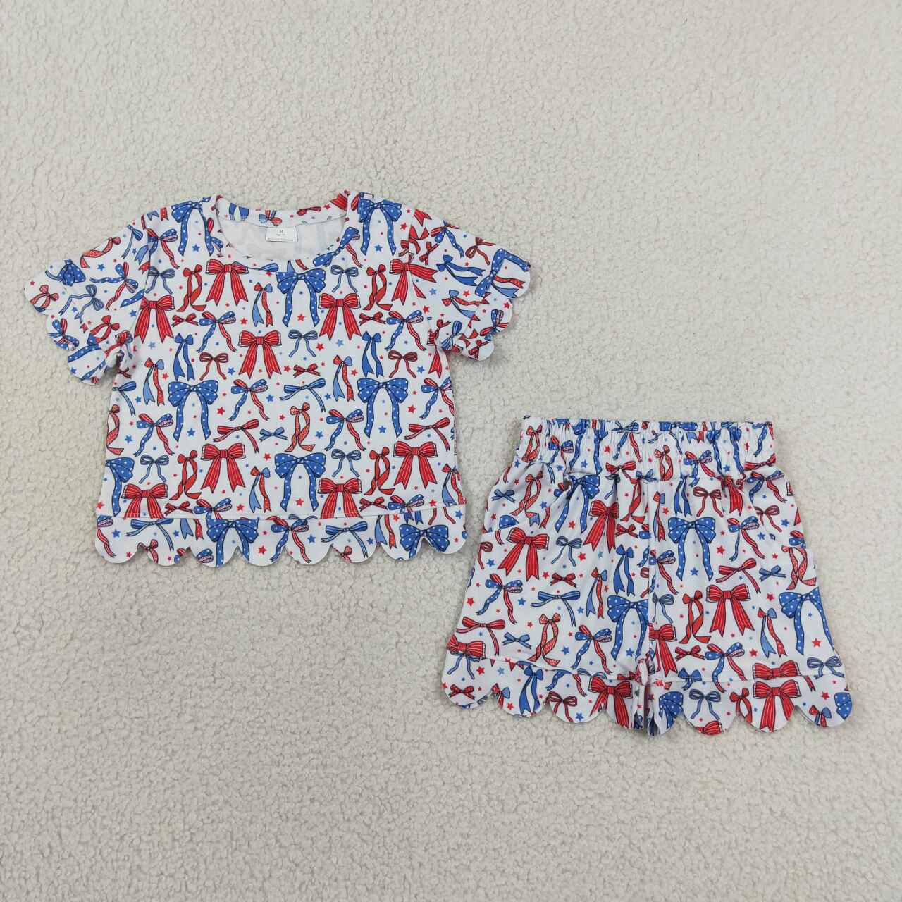 GSSO3548 Stars Bows Baby Girls 4th of July Scallop Clothes Set