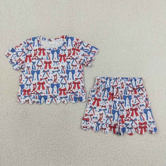 GSSO3548 Stars Bows Baby Girls 4th of July Scallop Clothes Set