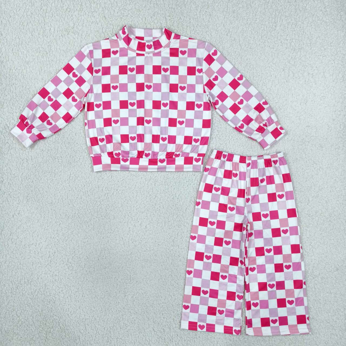 GLP3867 Heart Checked Baby Girls Valentine's Day Mock Neck Top Wide Leg pants Outfit