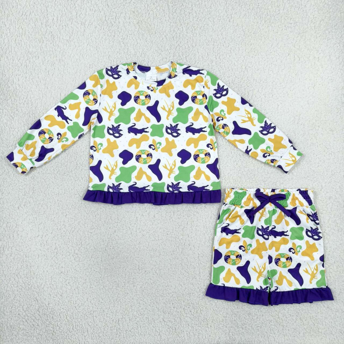 GLS0243 Donut Anchor Crayfish Camo Long Sleeve Top Ruffle Shorts Girls Mardi Gras Clothes Set