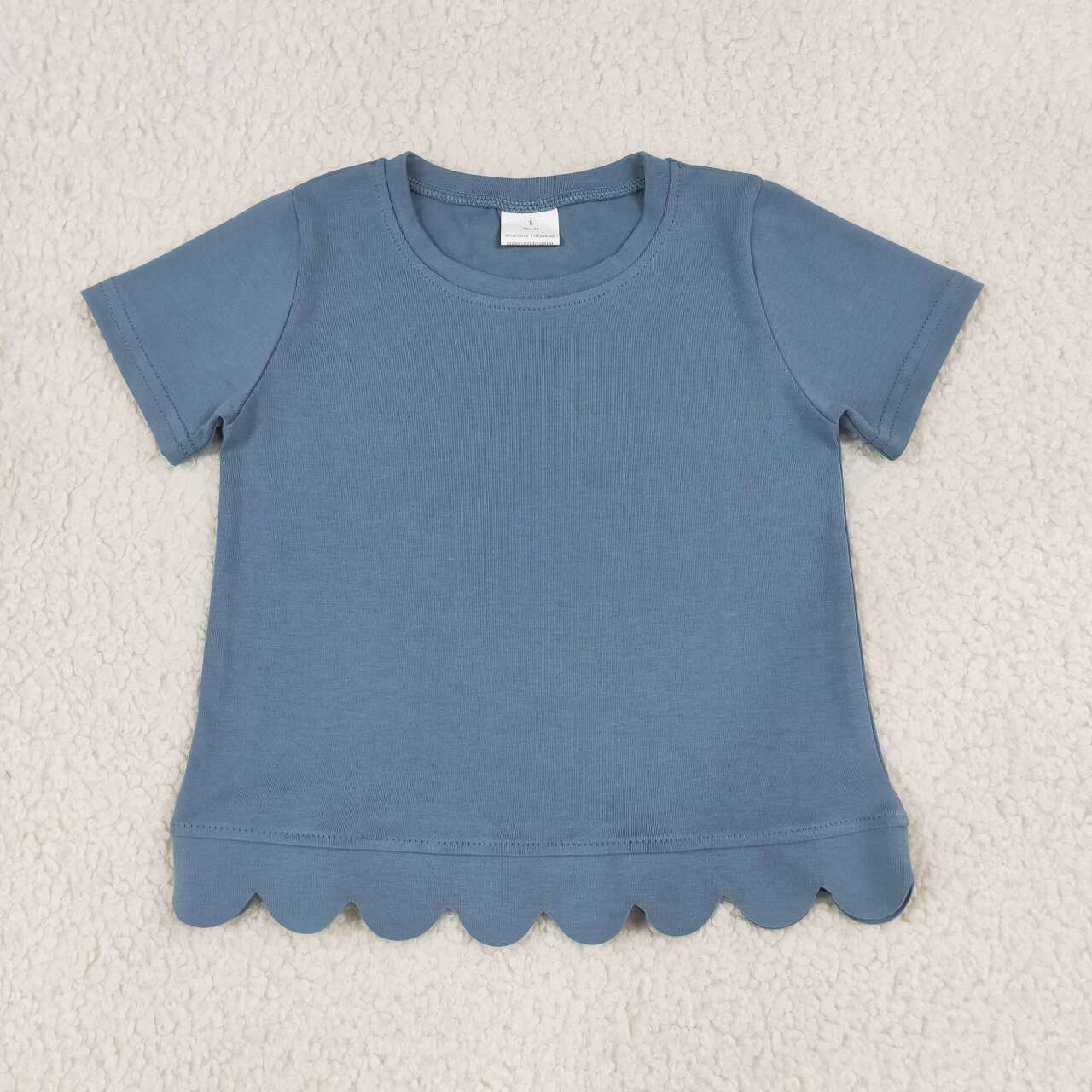 GT1769 Blue Cotton Girls Scallop Edge Short Sleeve T-shirts Top