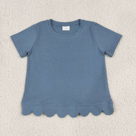 GT1769 Blue Cotton Girls Scallop Edge Short Sleeve T-shirts Top
