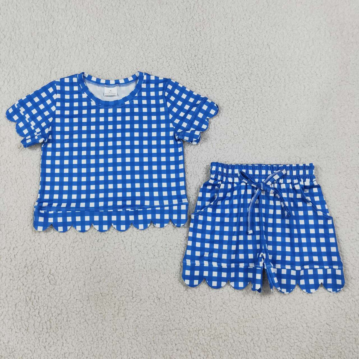 GSSO3837 Royalblue Checkered Print Pockets Shorts Girls Summer Scallop Clothes Set