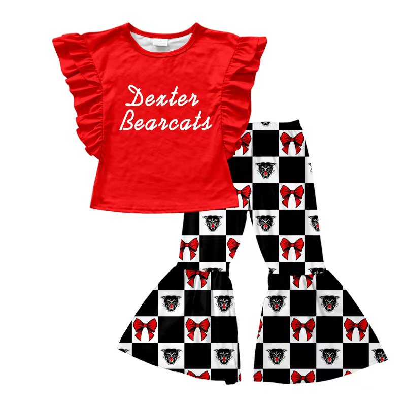 (Custom Design Preorder MOQ 5) Teams Dexter Bearcats Red Top Black Checkerd Bell Pants Girls Clothes Set