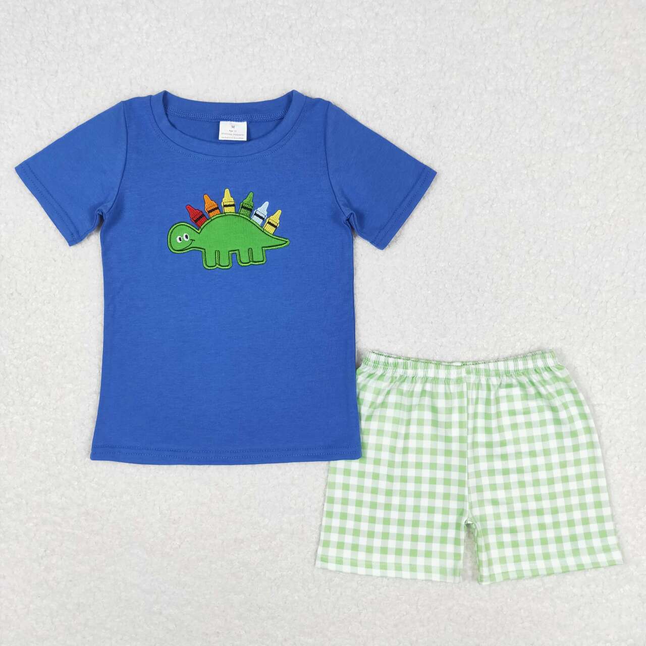 BSSO0805 Dino Pen Embroidery Blue Top Plaid Shorts Boys Back to School Clothes Set