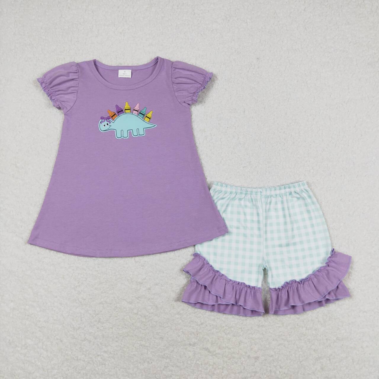 GSSO1032 Dino Pen Embroidery Purple Top Plaid Shorts Girls Back to School Clothes Set