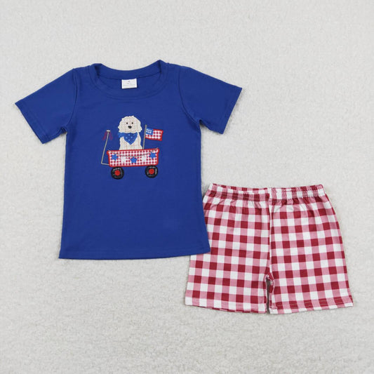 BSSO0423 Dog Flag Tractor Embroidery Blue Top Plaid Shorts Boys 4th of July Outfits