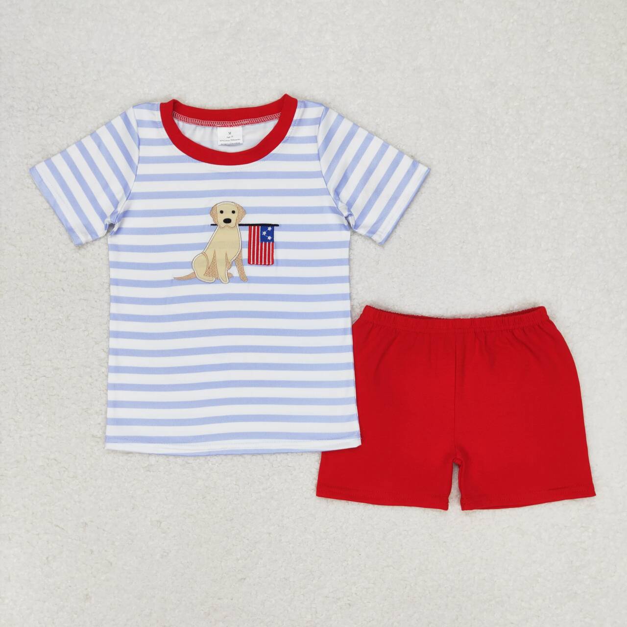 BSSO0619 Dog Flag Embroidery Blue Stripes Top Red Shorts Boys 4th of July Outfits