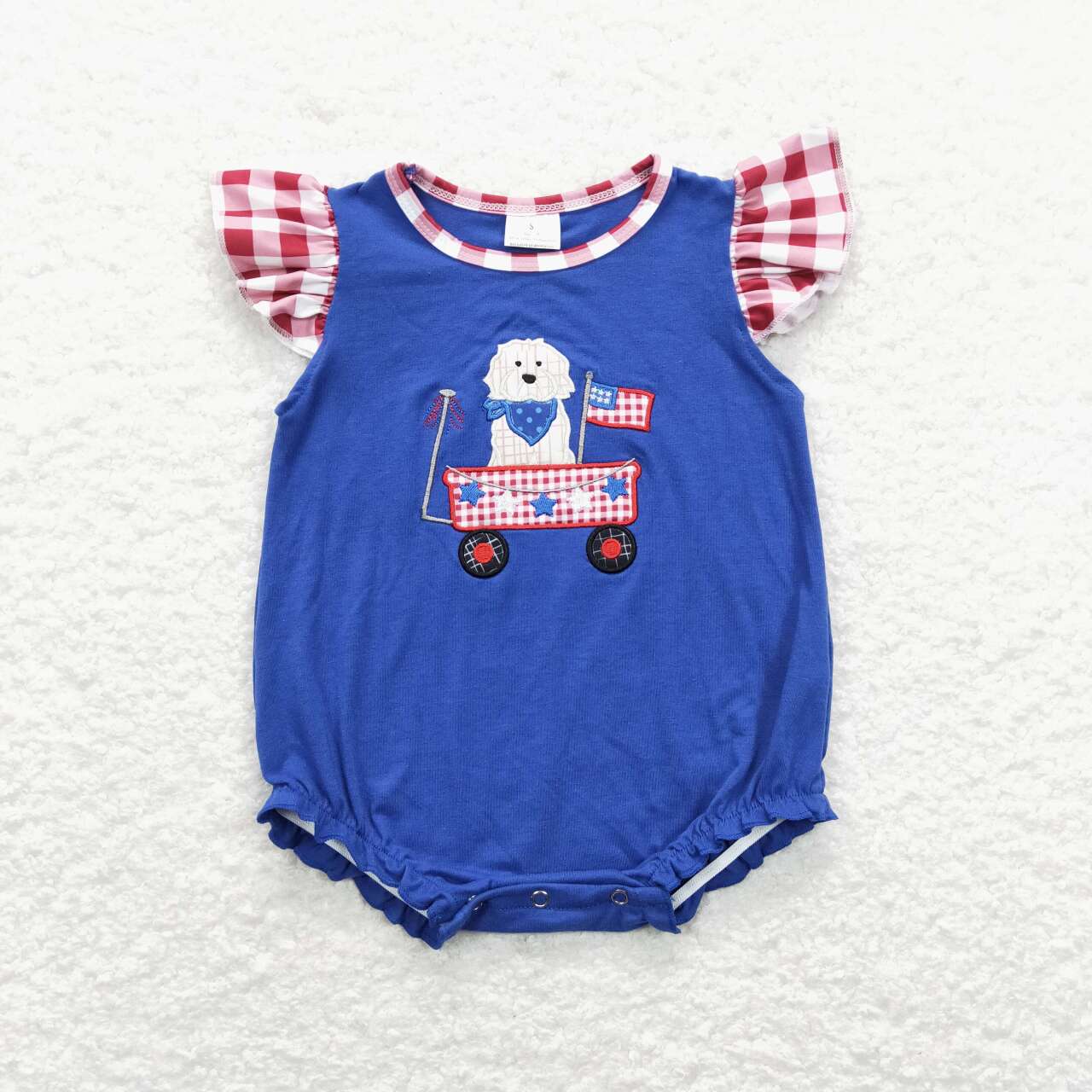 SR0748 Flag Dog Embroidery Blue Baby Girls 4th of July Romper