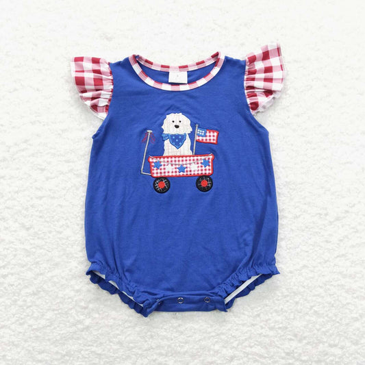 SR0748 Flag Dog Embroidery Blue Baby Girls 4th of July Romper