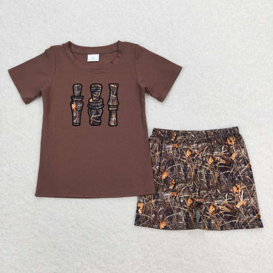 BSSO0780 Duck Call Embroidery Brown Top Camo Shorts Boys Summer Clothes Set
