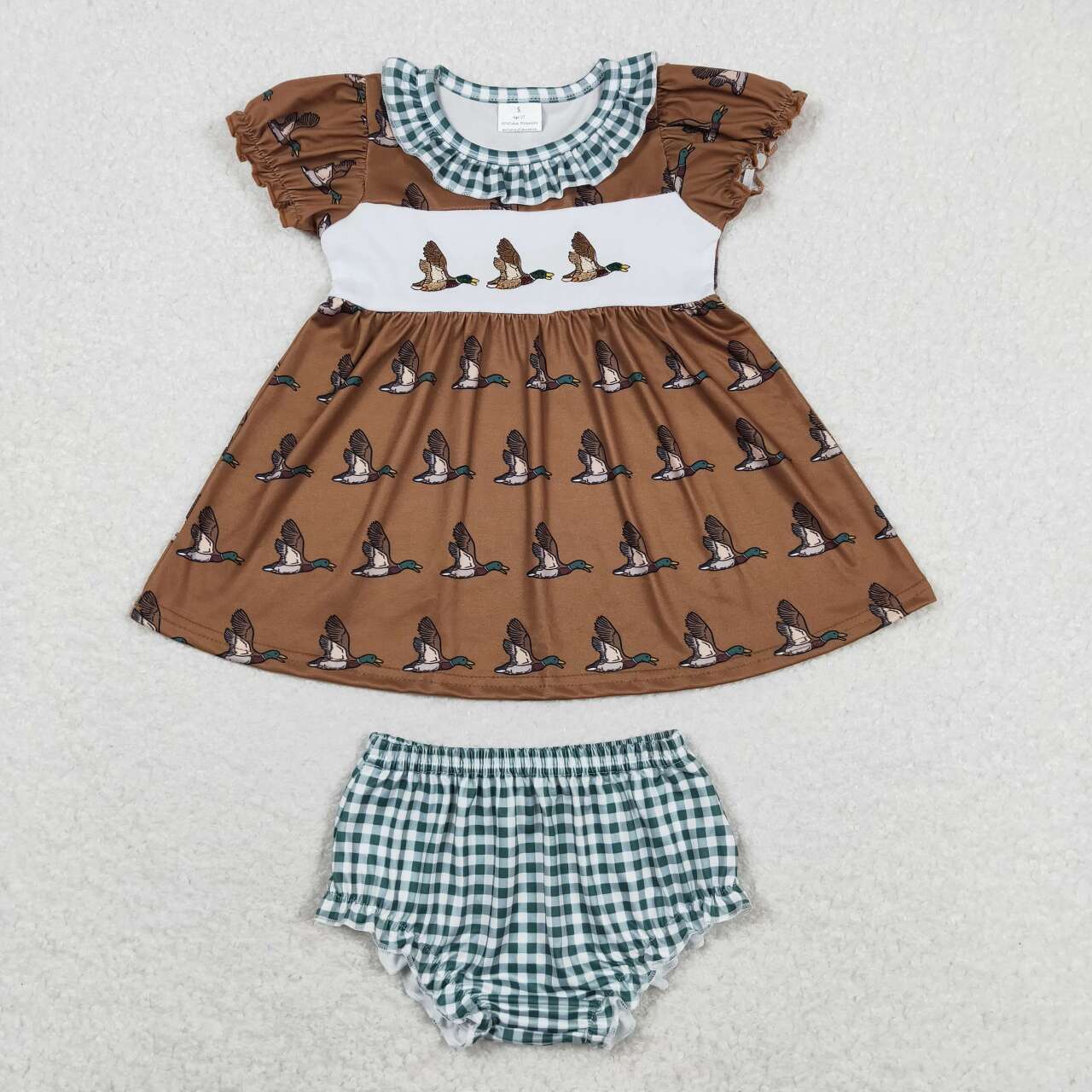 GBO0319 Embroidery Duck Tunic Top Plaid Shorts Baby Girls Summer Bummie Set