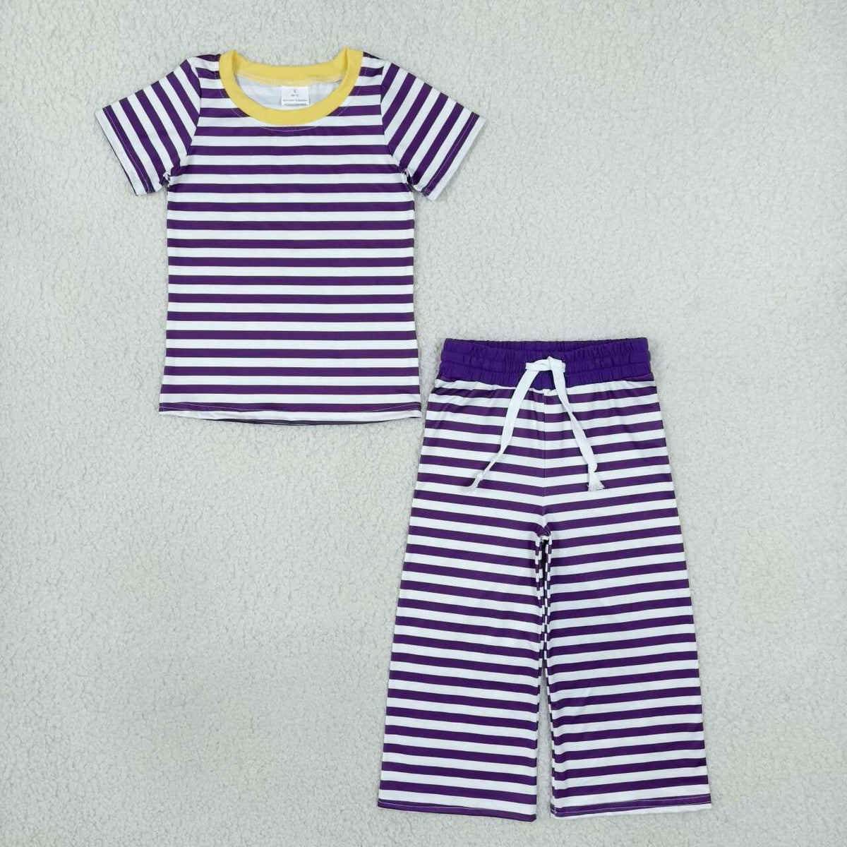 Purple Stripes Print Short Sleeve Top Straight Pants Girls Clothes Set