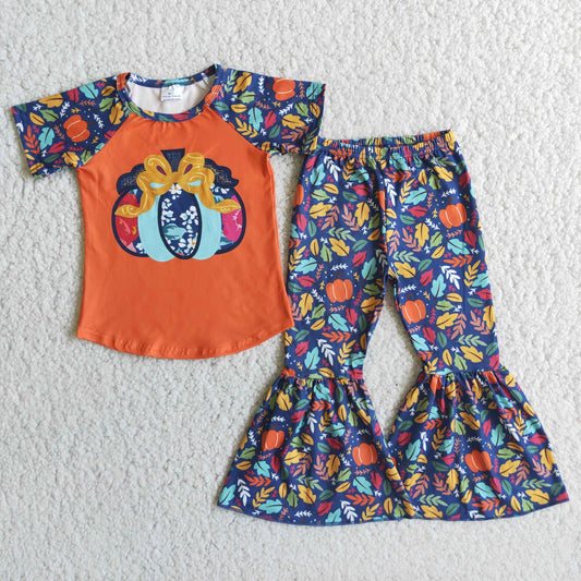 E1-3 Pumpkin Leaf Top Bell Pants Girls Fall Clothes Set