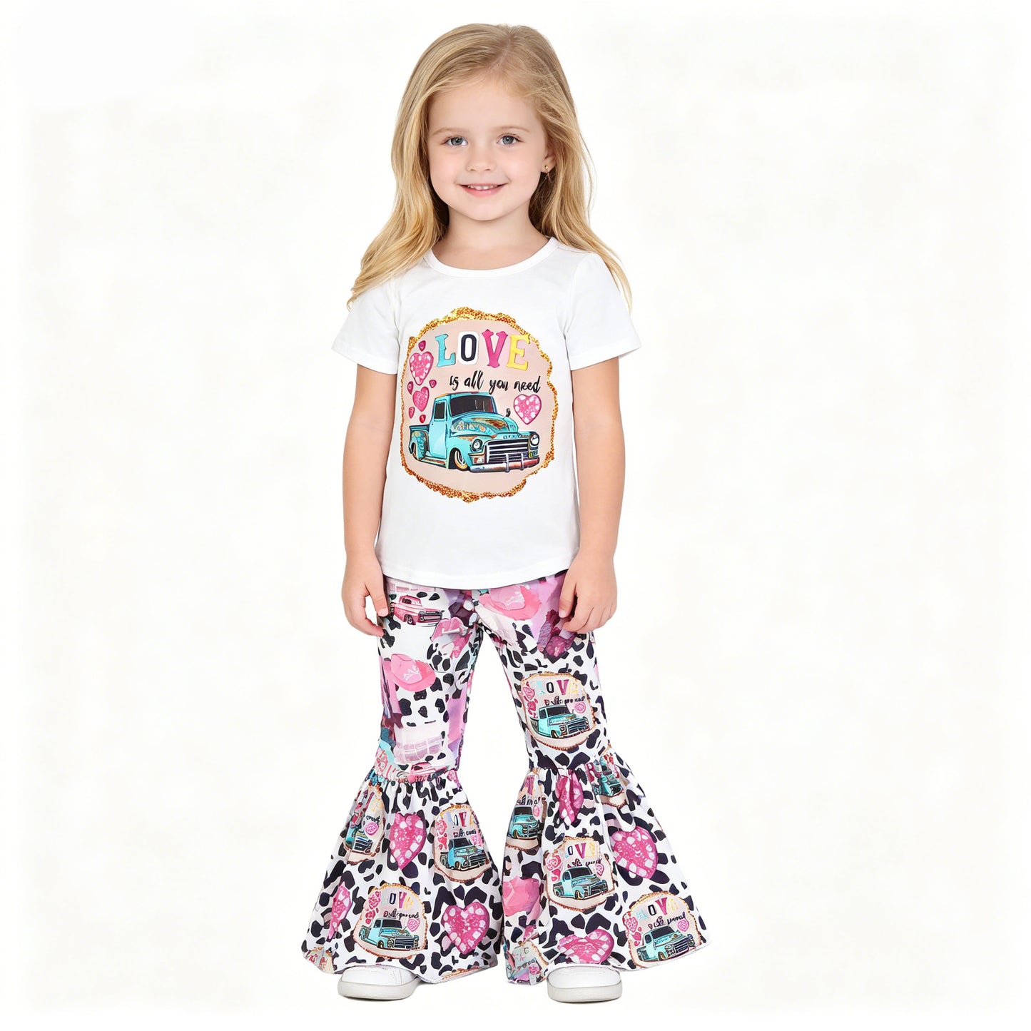 (Promotion)E13-26 LOVE Jeep Short Sleeve Top bell bottom pants girls Valentine's Day outfits   E13-26