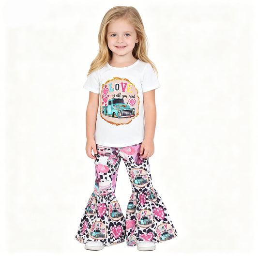(Promotion)E13-26 LOVE Jeep Short Sleeve Top bell bottom pants girls Valentine's Day outfits   E13-26