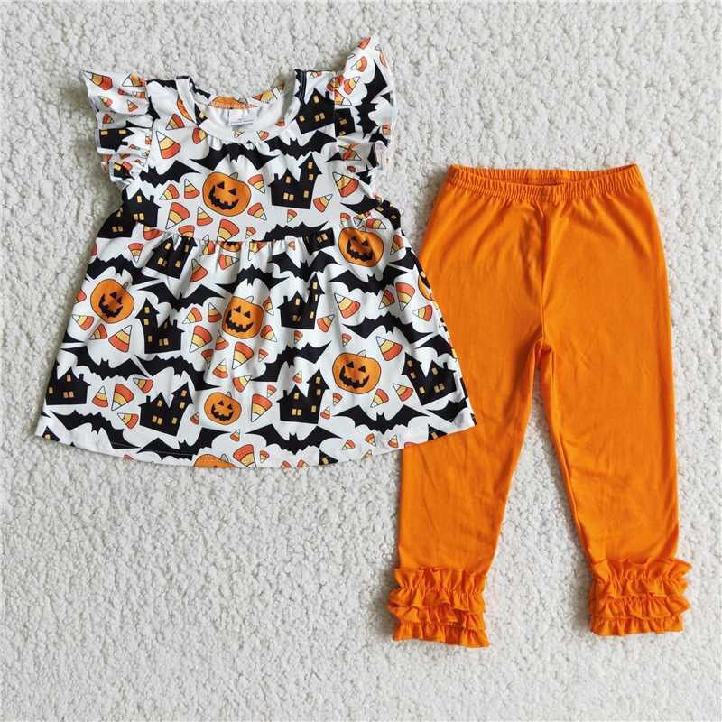 (Promotion)E3-5 Pumpkin Candy Bat Tunic Top Orange Legging Pants Girls Halloween Clothes Set