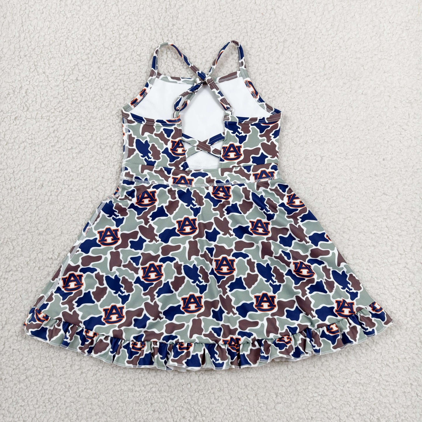 GSD3588 Teams Auburn Camo Print Girls Summer Strap Shorts Ruffle Knee Length Yoga Dress