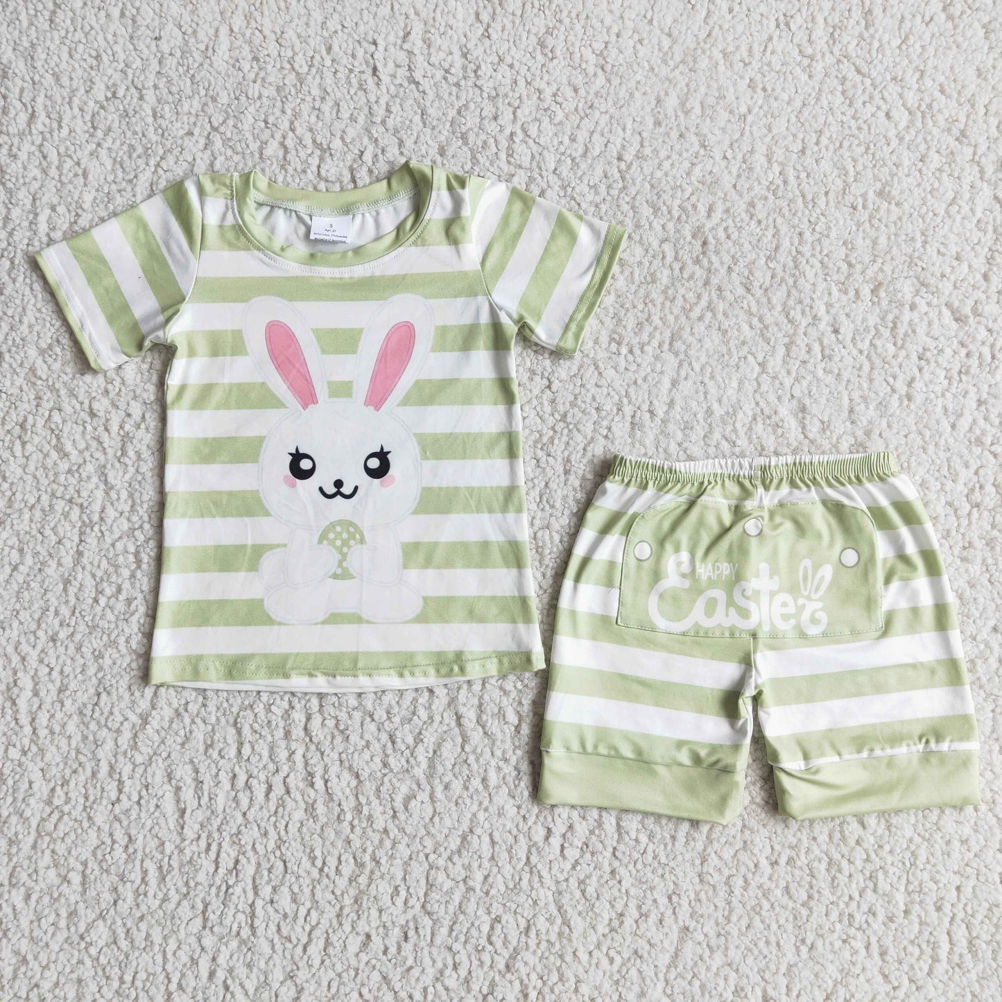 (Promotion)E5-12 Bunny Green Stripes Print Shorts Boys Easter Pajamas Clothes Set