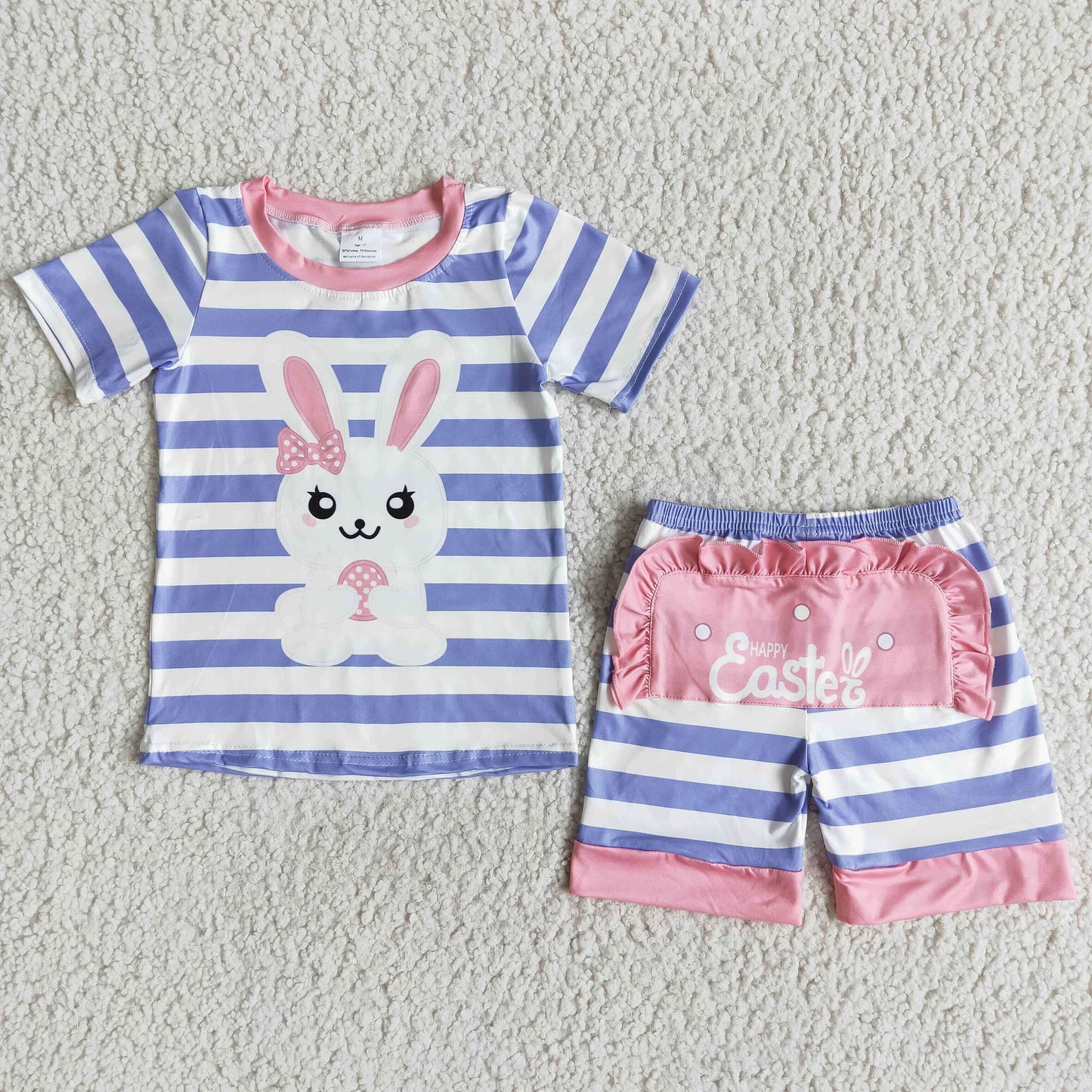 (Promotion)E7-17 Bunny Purple Stripes Print Shorts Girls Easter Pajamas Clothes Set