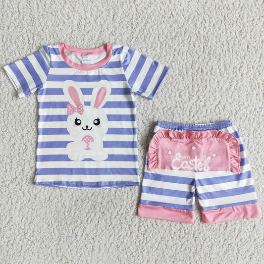 (Promotion)E7-17 Bunny Purple Stripes Print Shorts Girls Easter Pajamas Clothes Set
