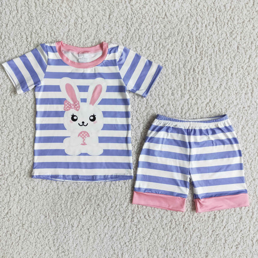 (Promotion)E7-17 Bunny Purple Stripes Print Shorts Girls Easter Pajamas Clothes Set
