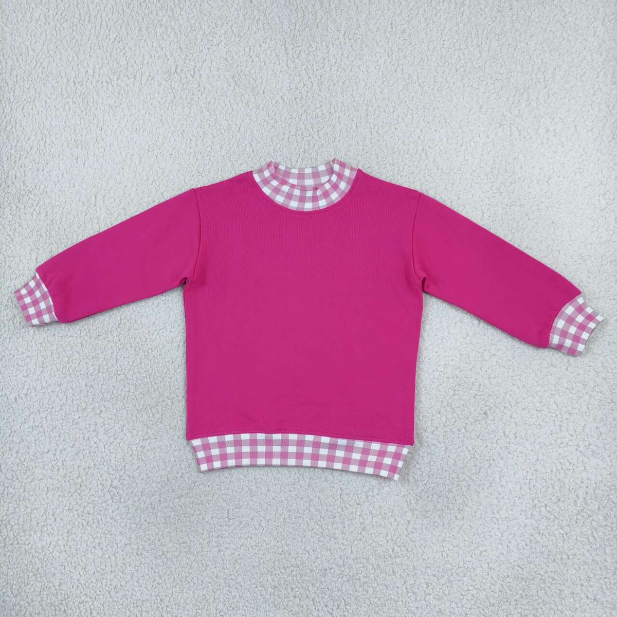 GT1800 Hot Pink With Gingham Plaid Trim Girls Long Sleeve Sweatshirt Tops