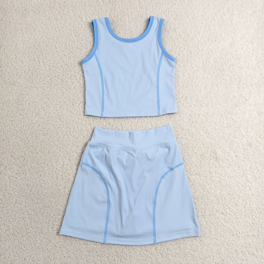 GSD2674 Blue Tank Top Skirts Shorts Girls Yoga Clothes Set