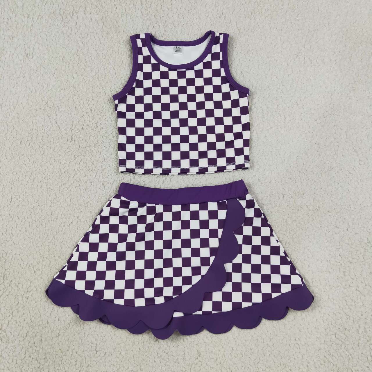 GSD4251 Teams Purple Checkered Tank Top Scallop Edge Skort Girls Active Clothes Yoga Outfits