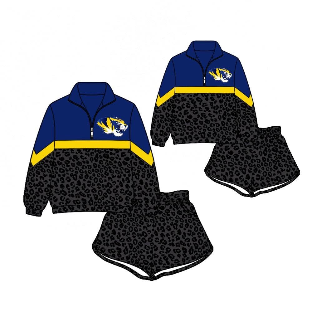 (Custom Design Preorder MOQ 5) Teams ETBU Tigers Long Sleeve Zipper Top Black Leopard Shorts Mommy and Me Outfits