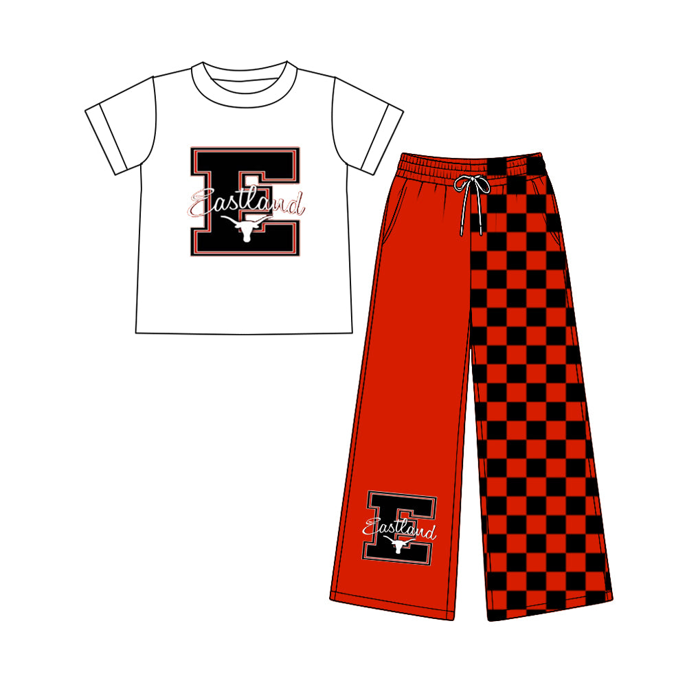 (Custom Design Preorder MOQ 5) Teams Eastland White Top Checkered Straight Pants Girls Clothes Set