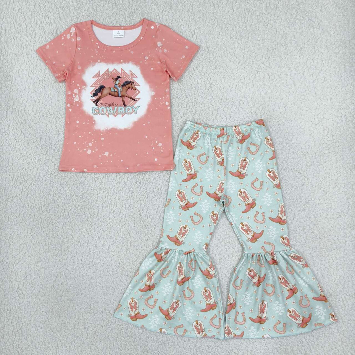 GSPO1571 Cowboy Pink Top Boots Bell Pants Girls Clothes Set