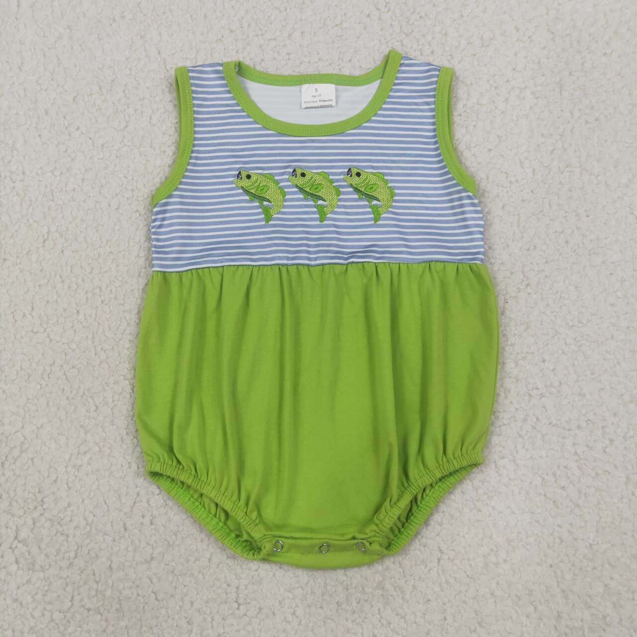 SR4139 Fish Embroidery Stripes Green Baby Boys Summer Sleeveless Romper