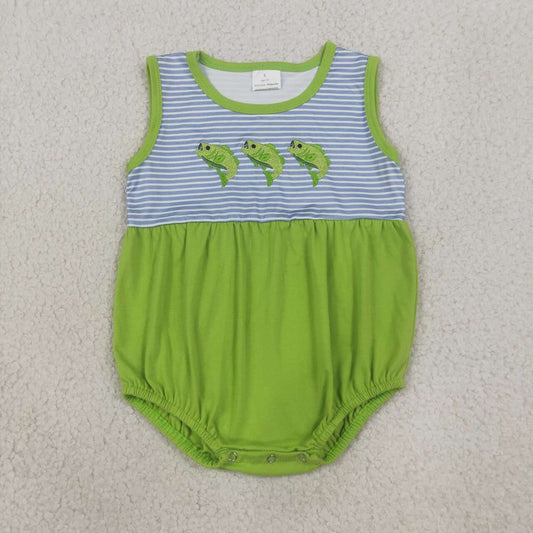 SR4139 Fish Embroidery Stripes Green Baby Boys Summer Sleeveless Romper