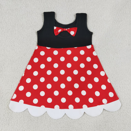GSD2037 Cartoon Mouse Dots Print Girls Sleeveless Summer Knee Length Scalloped Dress