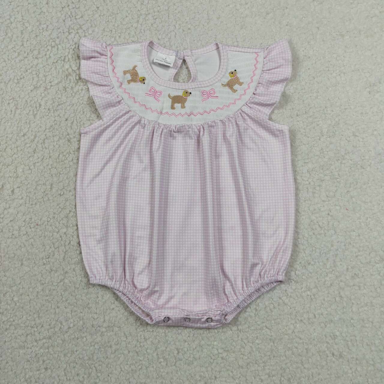 SR3316 Puppy Bows Embroidery Pink Plaid Print Baby Girls Summer Smocked Romper
