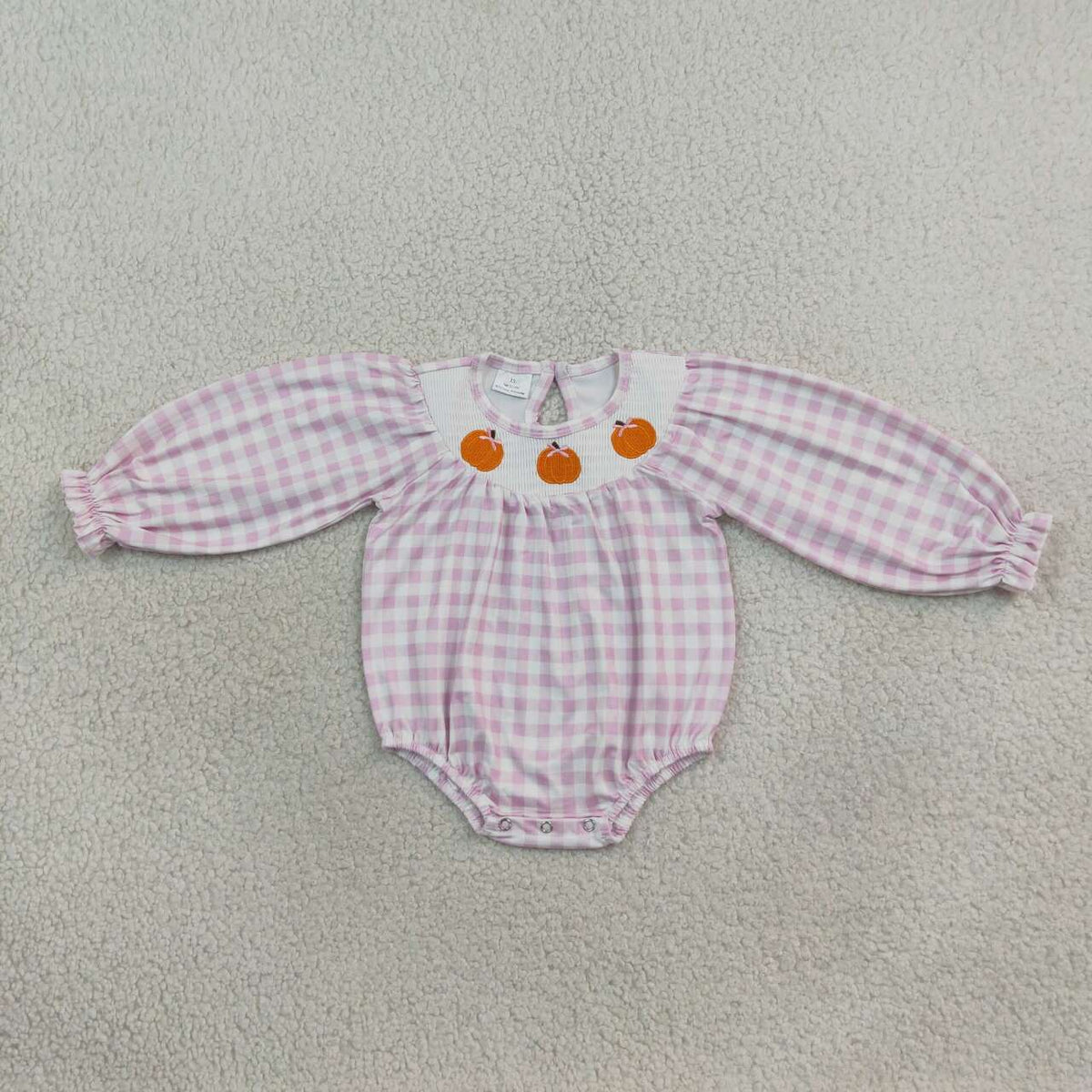 LR3106 Pumpkin Embroidery Gingham Baby Girls Smocked Romper