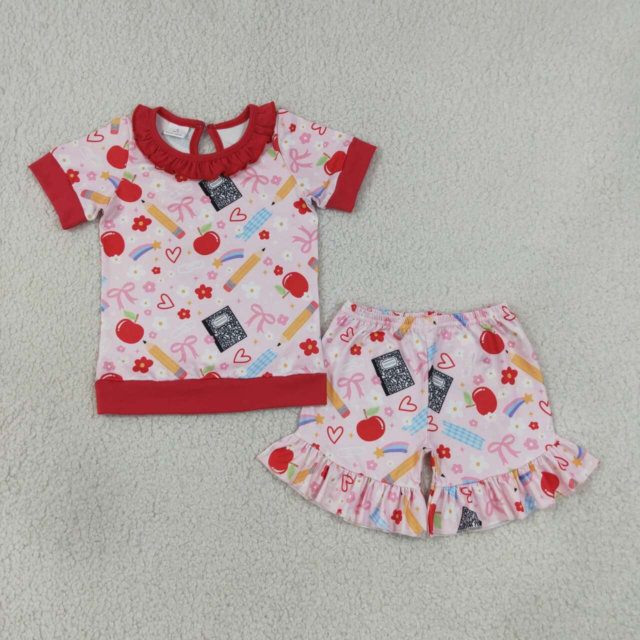 Kids Girls Back to School Apple Ruffle Shorts Outfiit