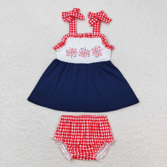 GBO0330 Fireworks Navy Strap Tunic Top Plaid Shorts Baby Girls 4th of July Bummie Set