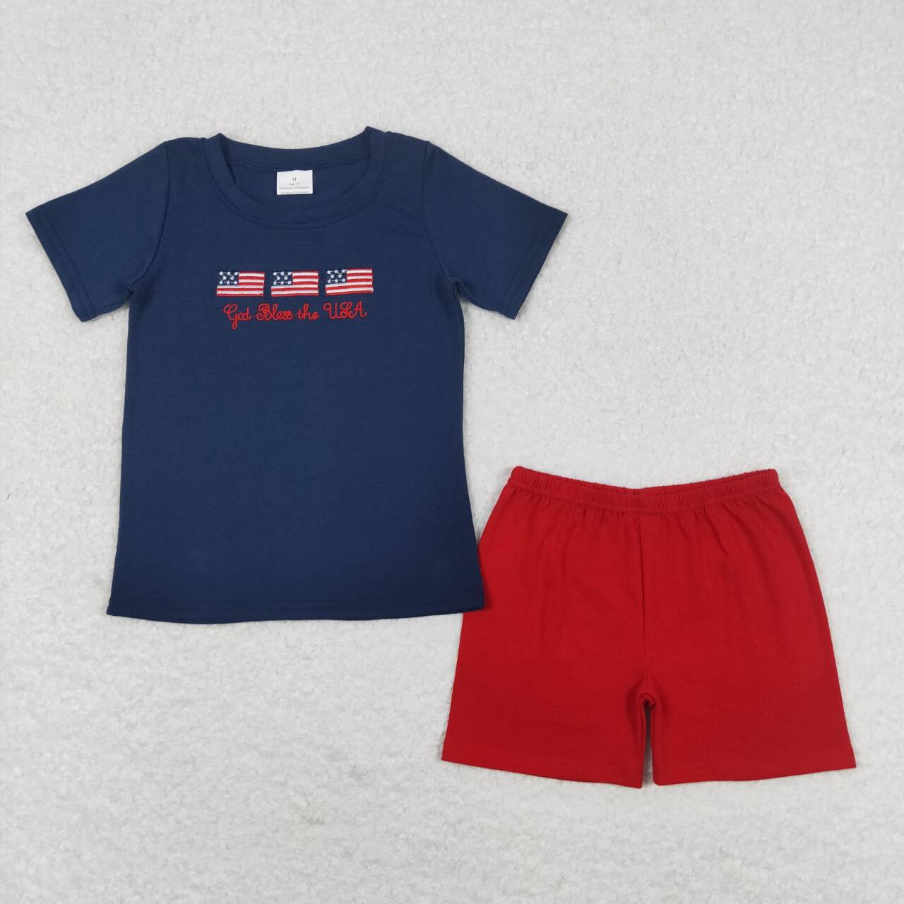 BSSO0713 Flag Embroidery Navy Top Red Shorts Boys 4th of July Outfits