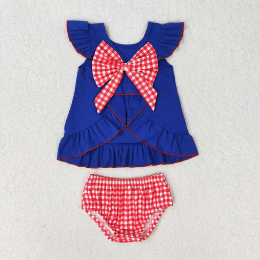 GBO0311 Flag Embroidery Blue Backless Bow Top Plaid Shorts Baby Girls 4th of July Bummie Set