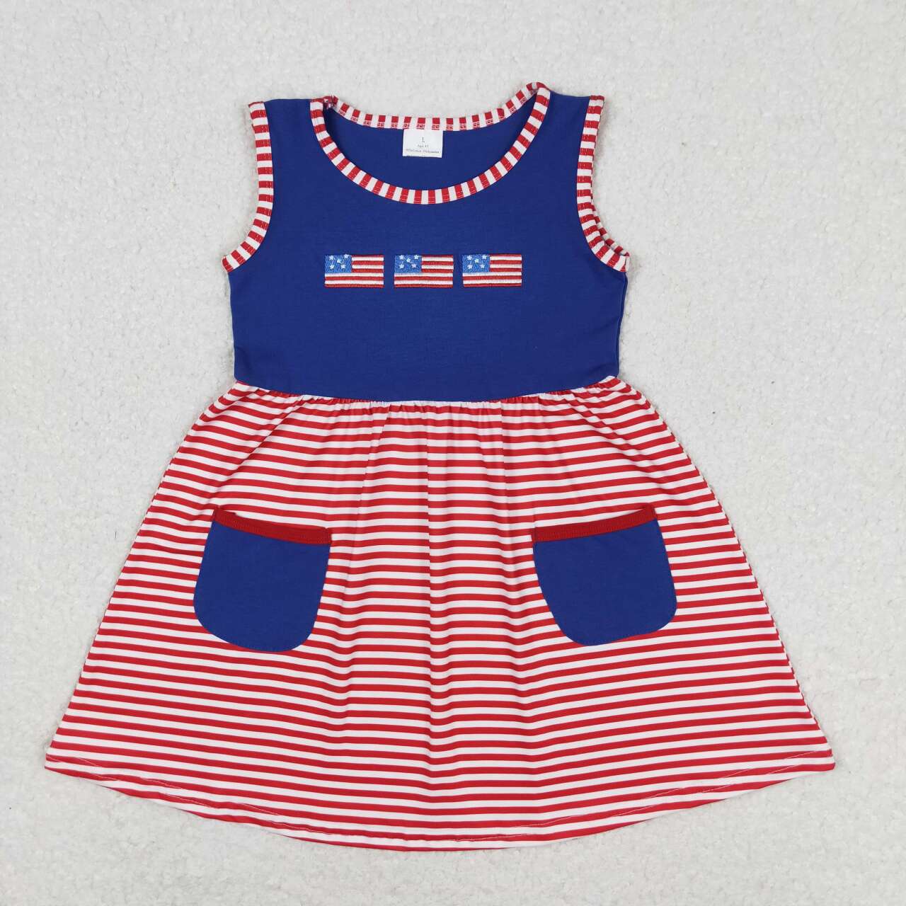 GSD0930 Flag Embroidery Red Stripes Pockets Baby Girls 4th of July Sleeveless Dress