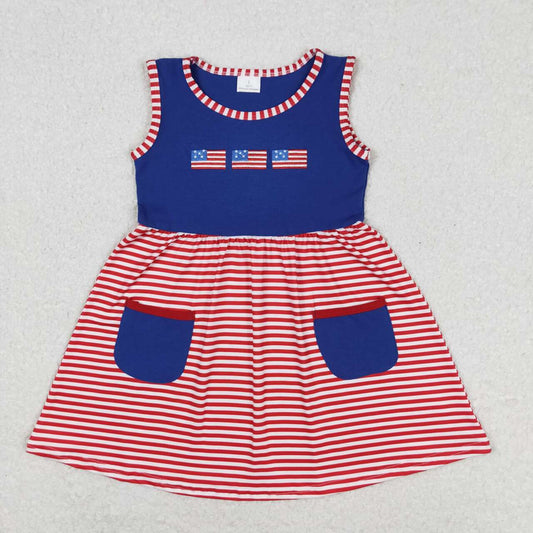 GSD0930 Flag Embroidery Red Stripes Pockets Baby Girls 4th of July Sleeveless Dress