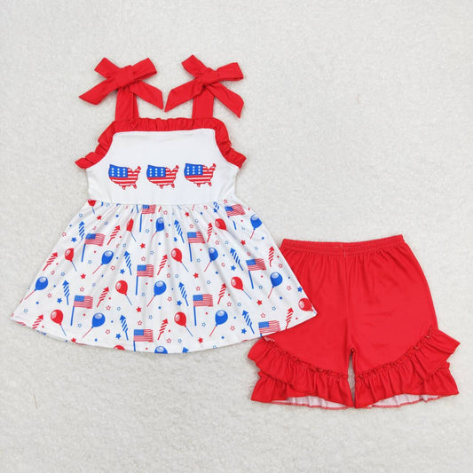 GSSO0679 Flag Stars Strap Tunic Top Red Ruffle Shorts Baby Girls 4th of July Clothes Sets